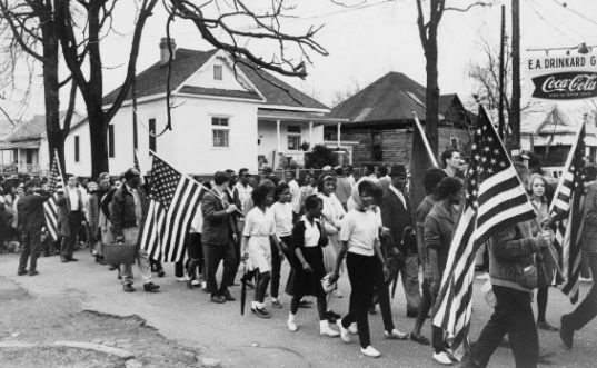 Historic photo of peaceful protesters during march from Selma to Montgomery.